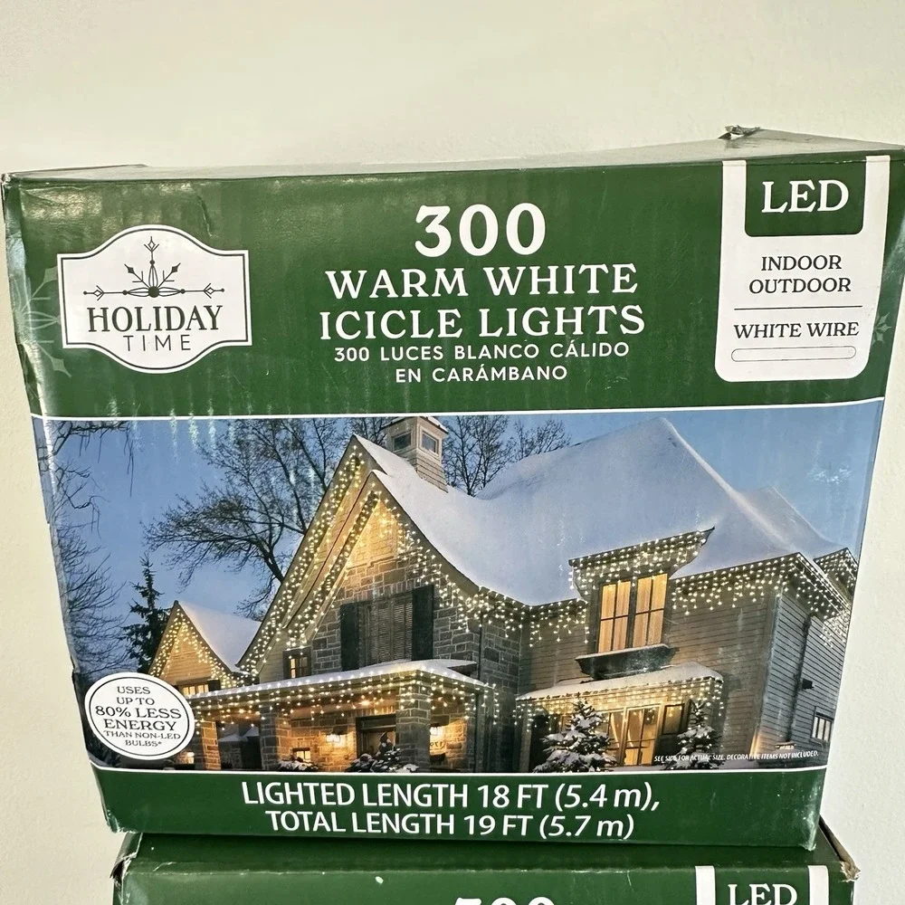 New Holiday Time LED Icicle Christmas‎ Lights Warm White 300 Count, 18 ft 2 PACK